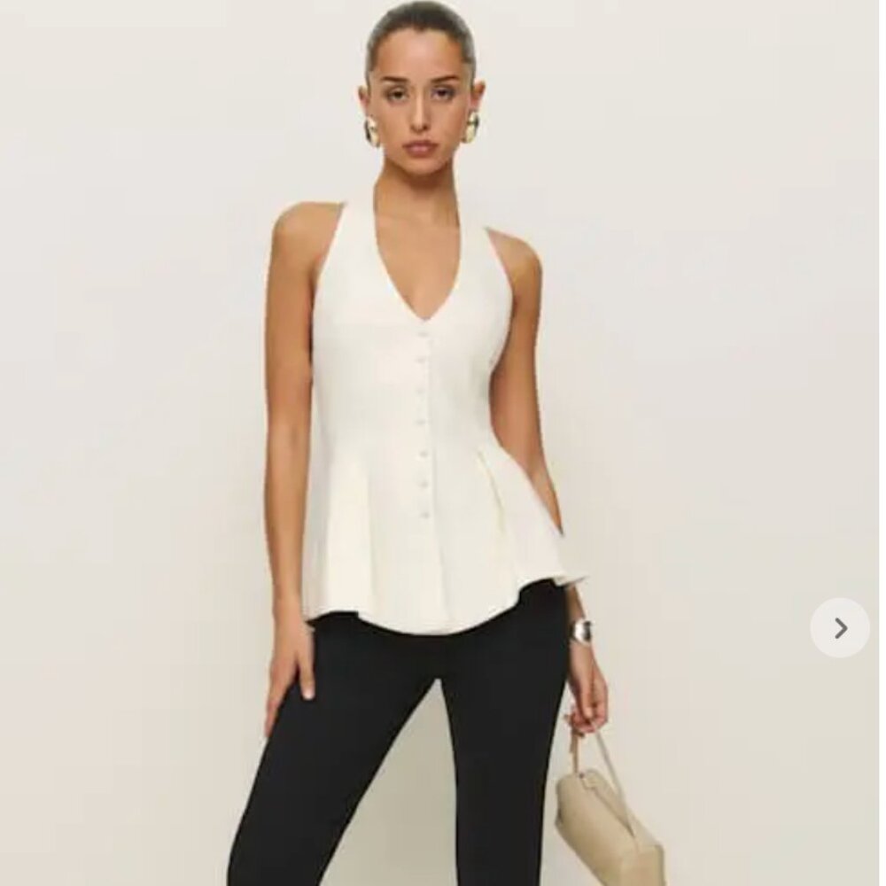 Reformation White Halter Button-Front Peplum Top